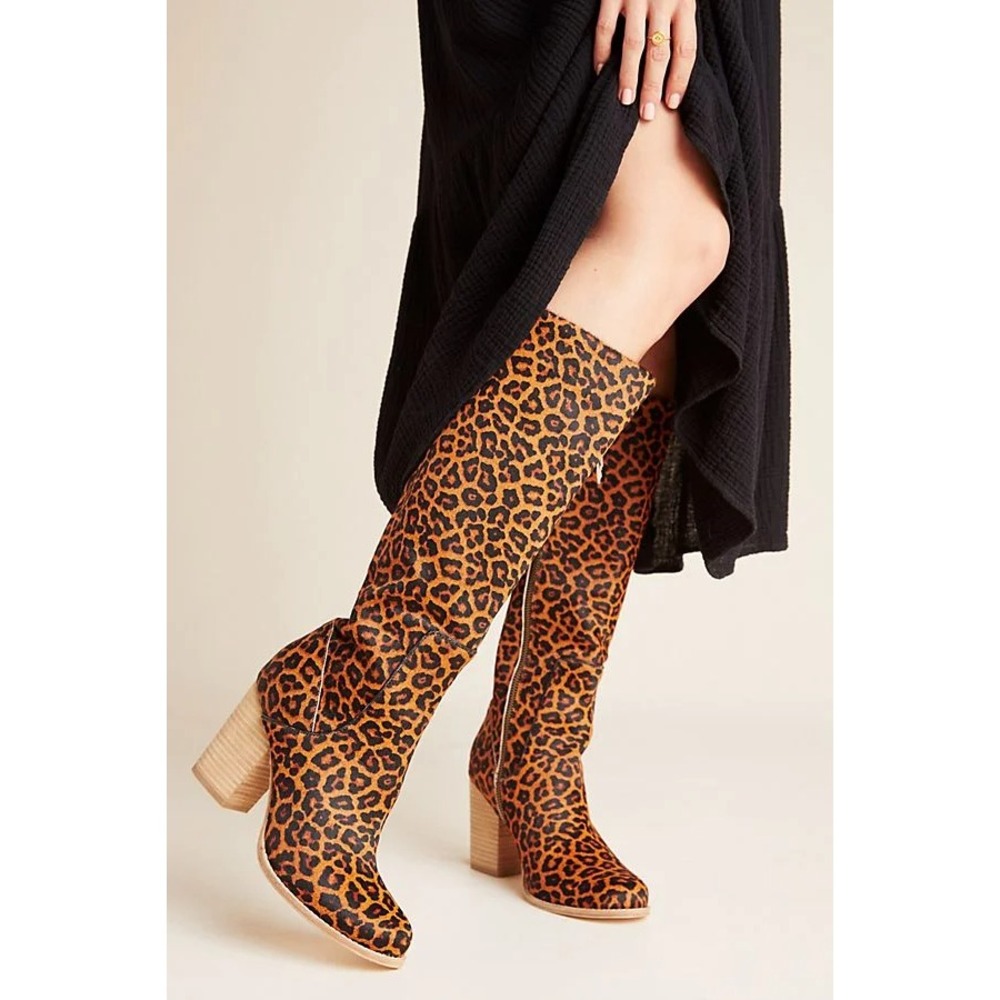 BILL BLASS Sz 6 Anthropologie Genuine Hair Calf Leopard Knee High Boots Mob Wife